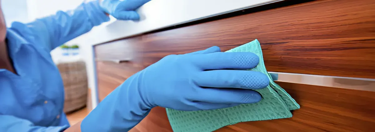 Cleaner wearing blue gloves wiping a wooden cabinet drawer with a microfiber cloth for dust and grime removal, Austin, TX.